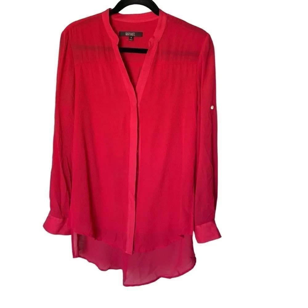 BADGLEY MISCHKA Silk Blouse Size S Raspberry Red Roll-Tab Relaxed Fit Chic